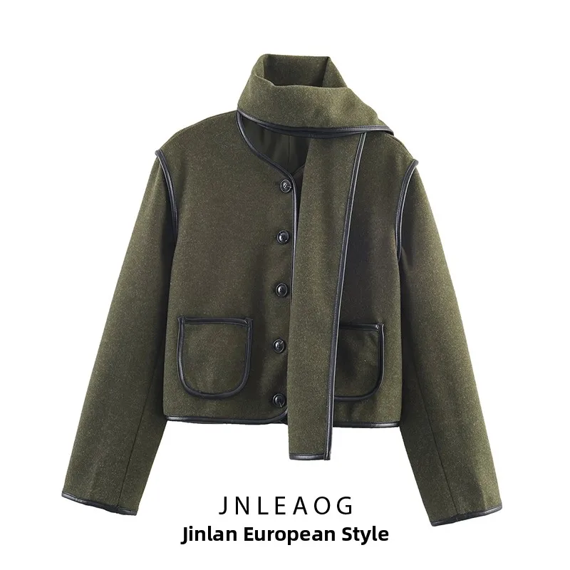 

Faionable Woolen PU Trim Scarf Sle Jaet Women's Autumn New Sle Loose Fit Long Sve Button up Coat Ladies Outerwear