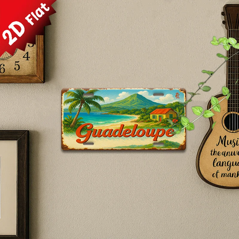 Adorno de Pared Metálico Vintage 2D Flat, Cartel Impreso Paisaje Tropical Texto Guadalupe