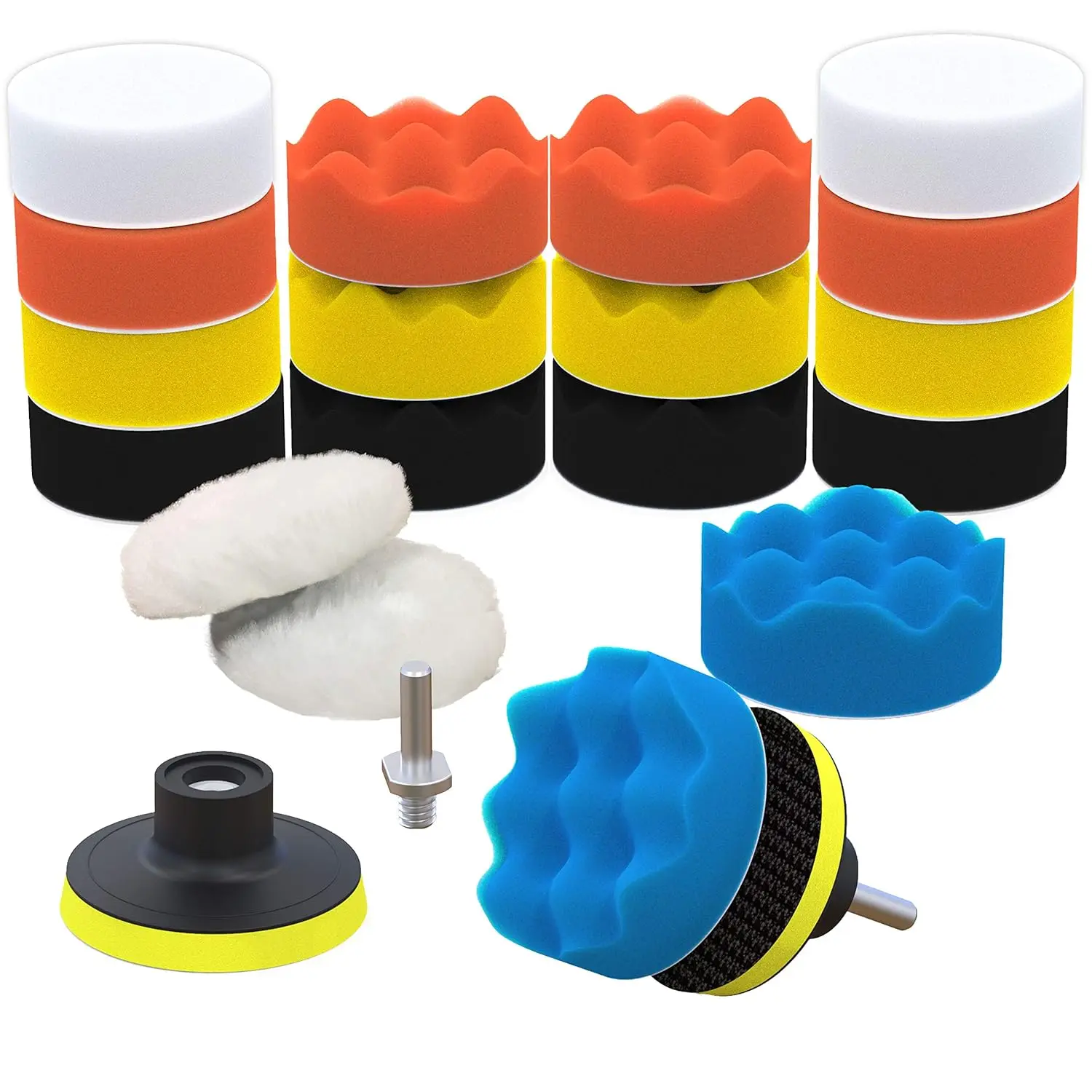 Car Foam Drill Polishing Pad Kit, 22-Piece with Sponges, Wool Pads, Adapters & Suction Cups for Waxing and Polishing