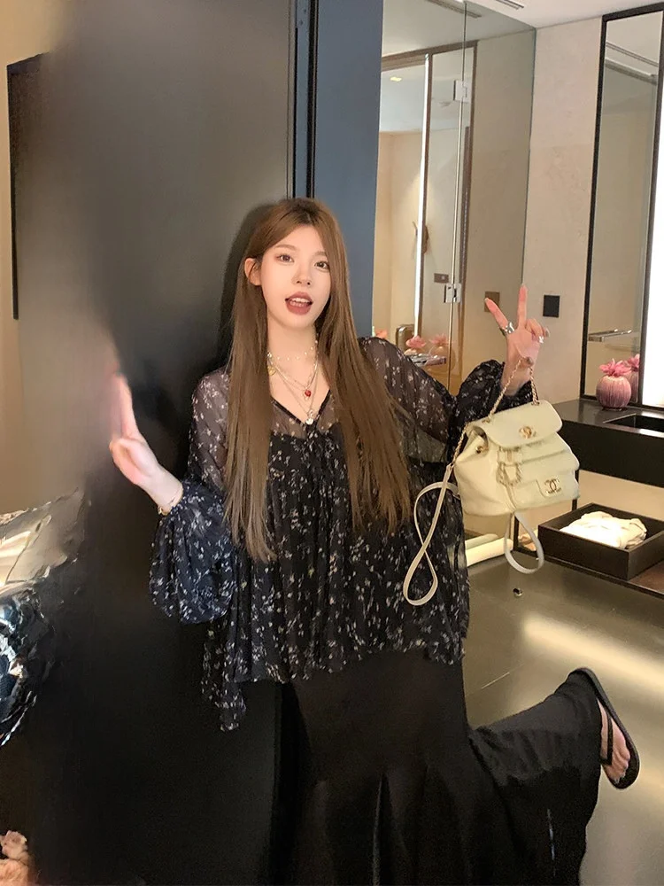 

Luu Peach Happy Floral Print Sun Protection irt Set Women's Spring Summer Long Sve Loose Fit Strap Thin Top Korean Sle