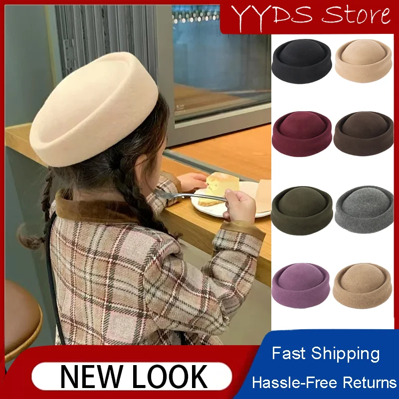 Children's Casual with Straps Wool Stewardess Hat Autumn and Winter Fashion Show Tide Cool Hat High Quality Pure Wool Bowler Hat