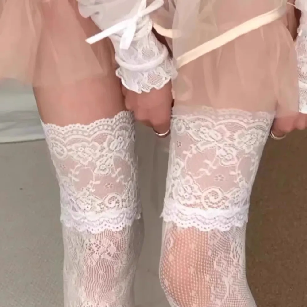 Personalized Floral Lace Trim Stockings Elastic Breathable Thigh High Long Socks Thin Mesh Fishnet Stockings Girl