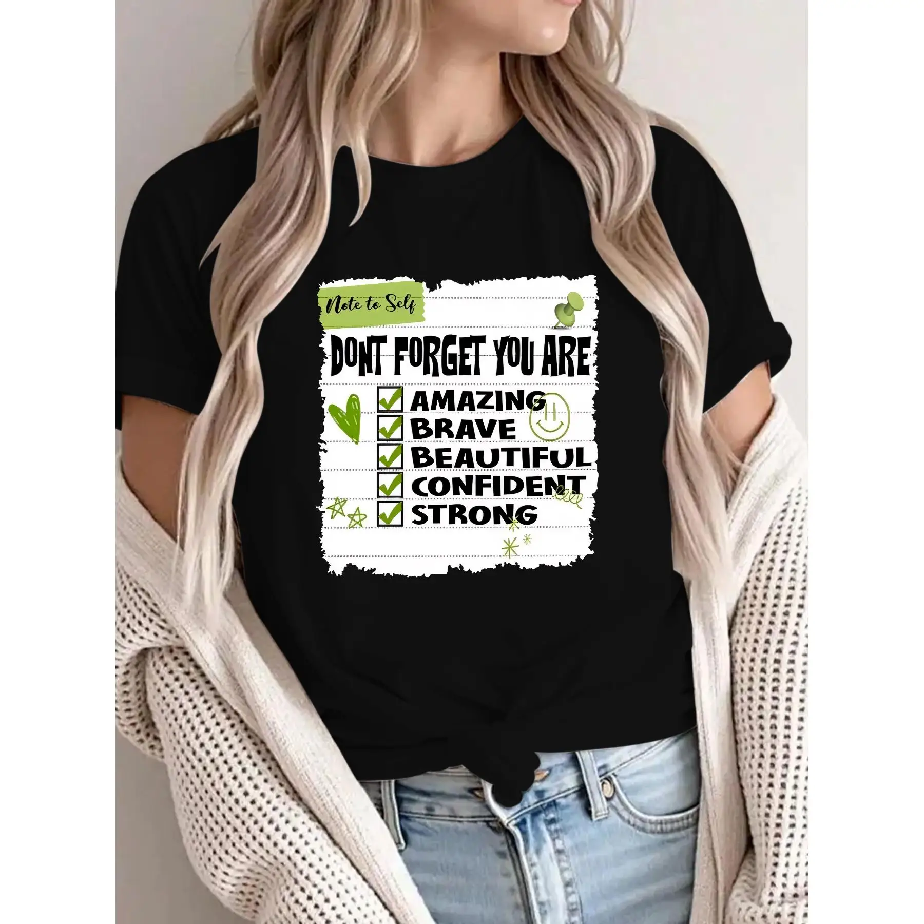 

Artistic T - Shirt Featuring a "Note to Self" with a List of Positive Attributes in a Chic Design