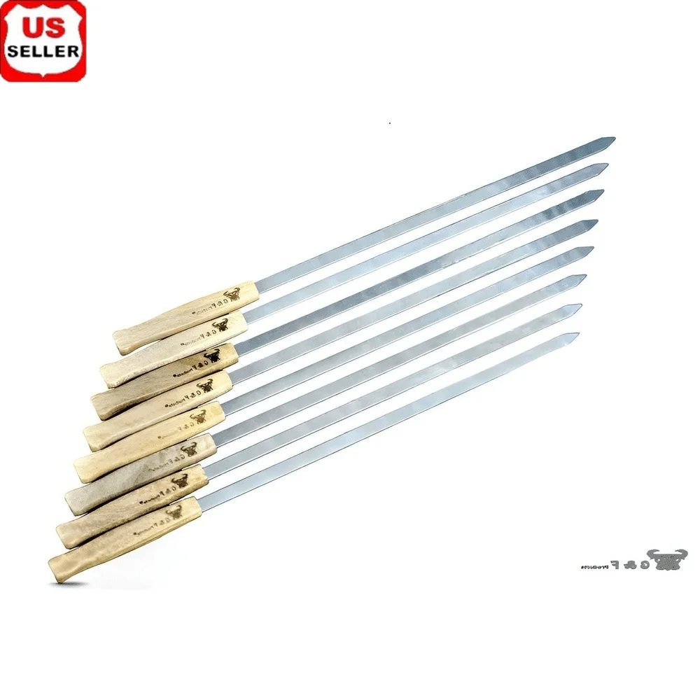 

Heavy Duty Stainless Steel BBQ Skewers 23 Inch Flatbed Design 8 Pieces with Wood Handles Carry Bag Grilling Meat