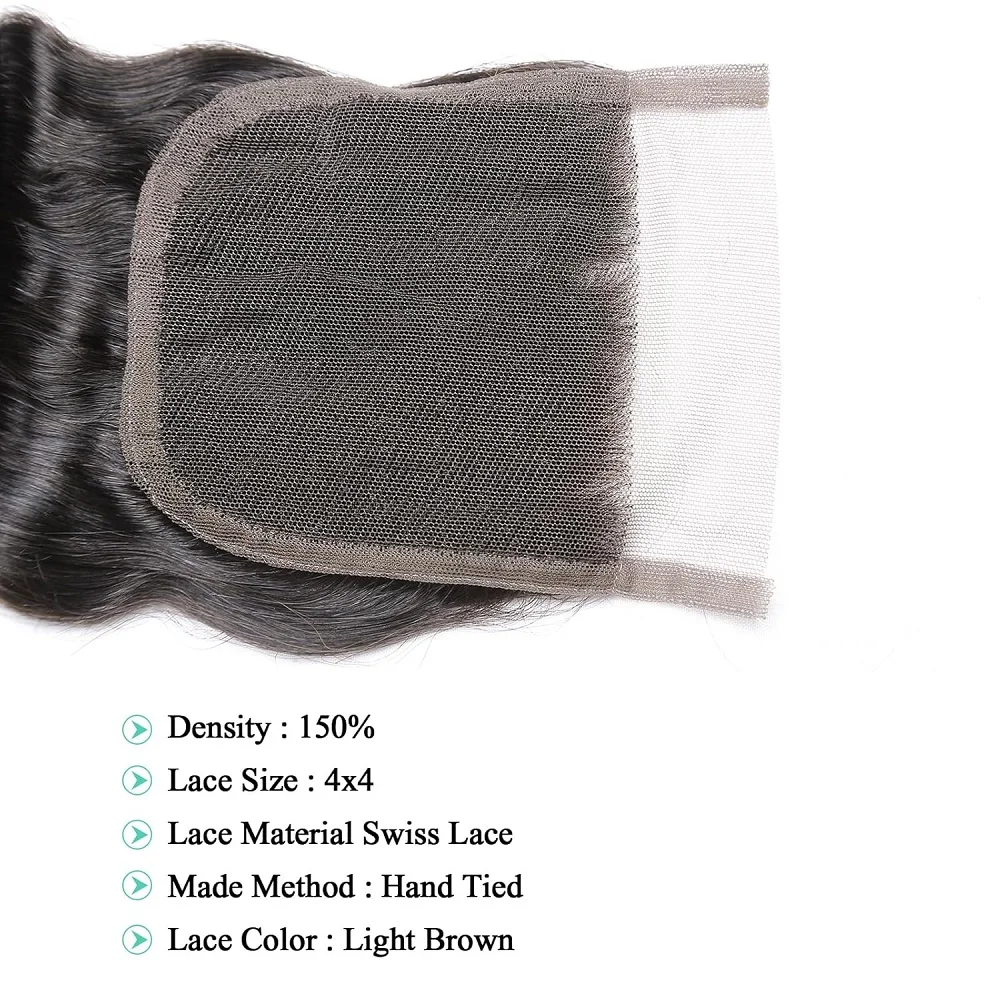 YEORING حزم شعر بشري مموج عميق مع 4 × 4 HD حزم إغلاق الدانتيل 100% وصلات شعر بشري برازيلي نسج شعر خام طبيعي