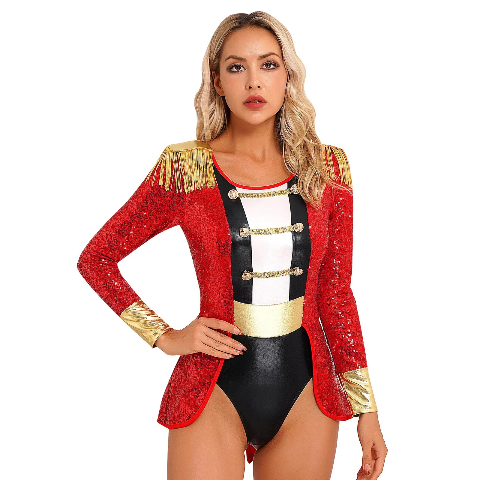 Womens Circus Ringmaster Outfit Halloween Cosplay Bodysuit Fringe Epaulette Bow Long Sleeve Velvet Jumpsuit Lion Tamer Dress Up