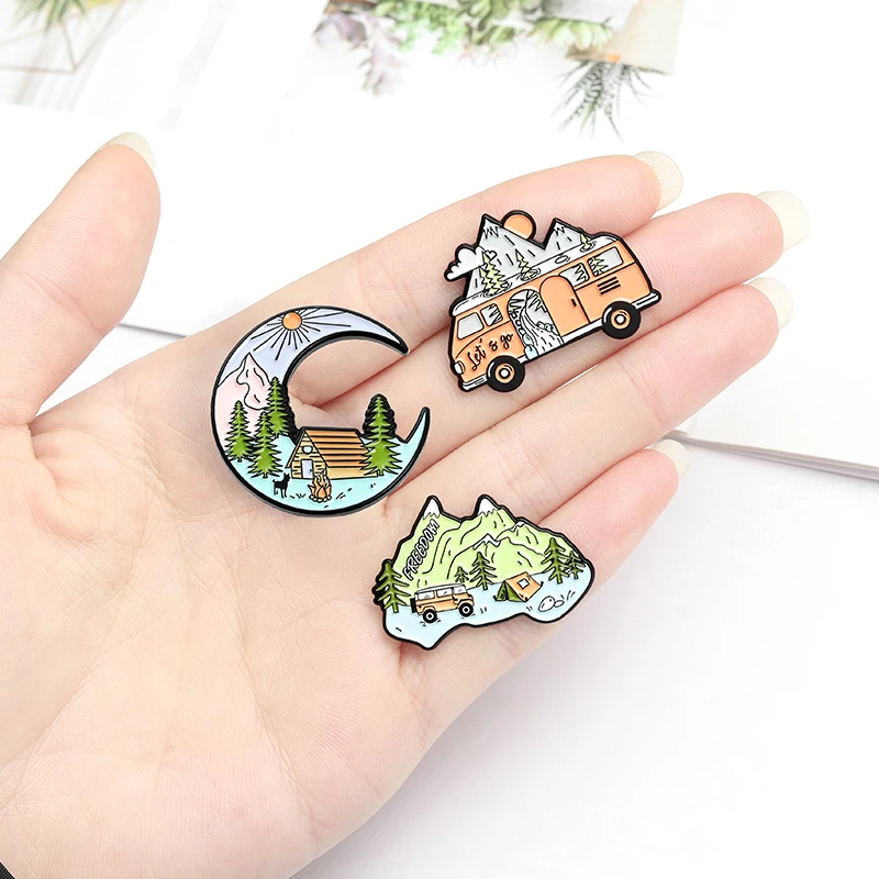 Pin Club | Camping Adventure Brooch Outdoors Mountain Nature Tree River Backpack Hat Badge  Alloy Accessories Gift for Explorer