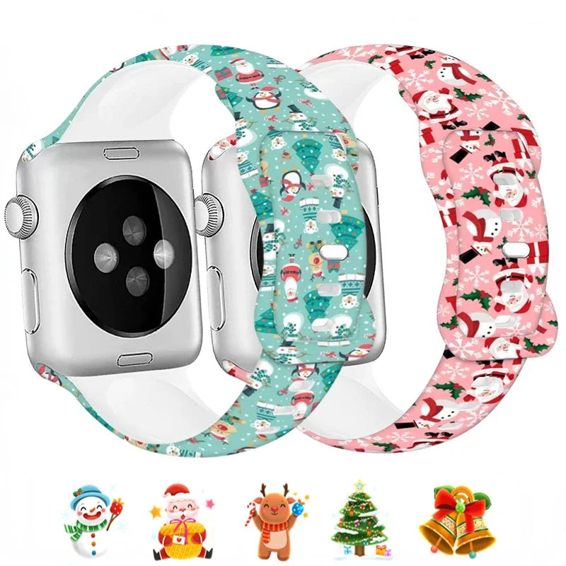 Christmas Silicone Strap For Apple Watch Ultra/2 10 9 8 7 49mm 45mm 41mm Printed Bracelet Belt iWatch 6 5 4 3 SE 44mm 42mm 40mm