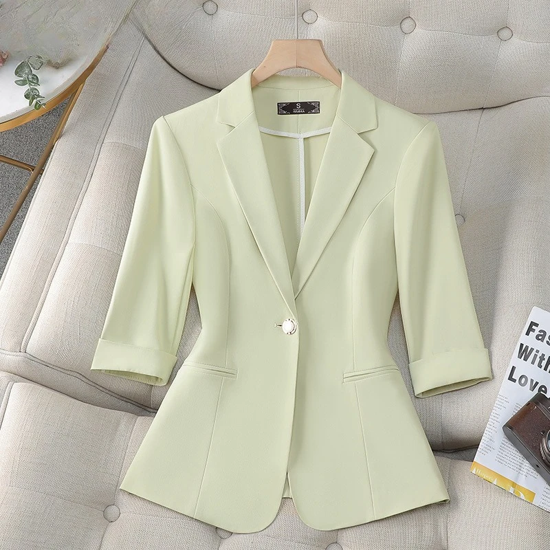 

New Spring Summer Jacket Women Blazer Solid Single Button Mid-sleeve Blazer Ladies Formal Suit Jacket Coat Female Outerwear Tops