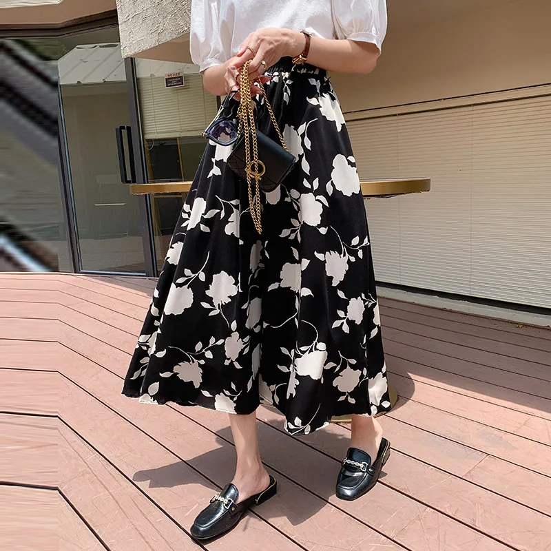 VOLALO Vintage Printed Long Skirt Women Summer Elastic High Wiast Mid-Calf Skirts Female Casual All-Match A-Line Pleated Skirt