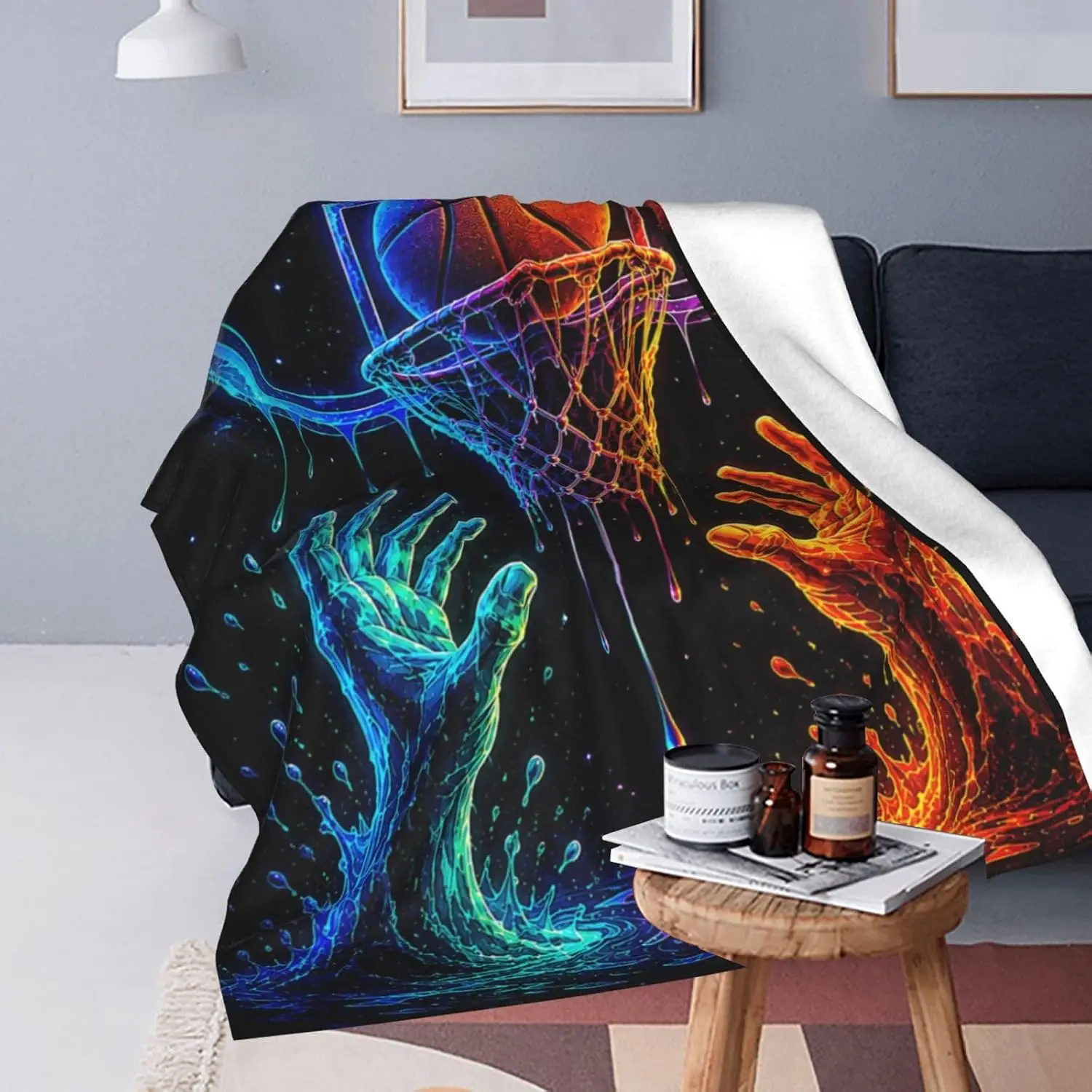 Premium Neon Glow Basketball Sports Throw Blanket Fleece Cover for NBA Lover Game Room Decor Gift Cozy Bedwarming