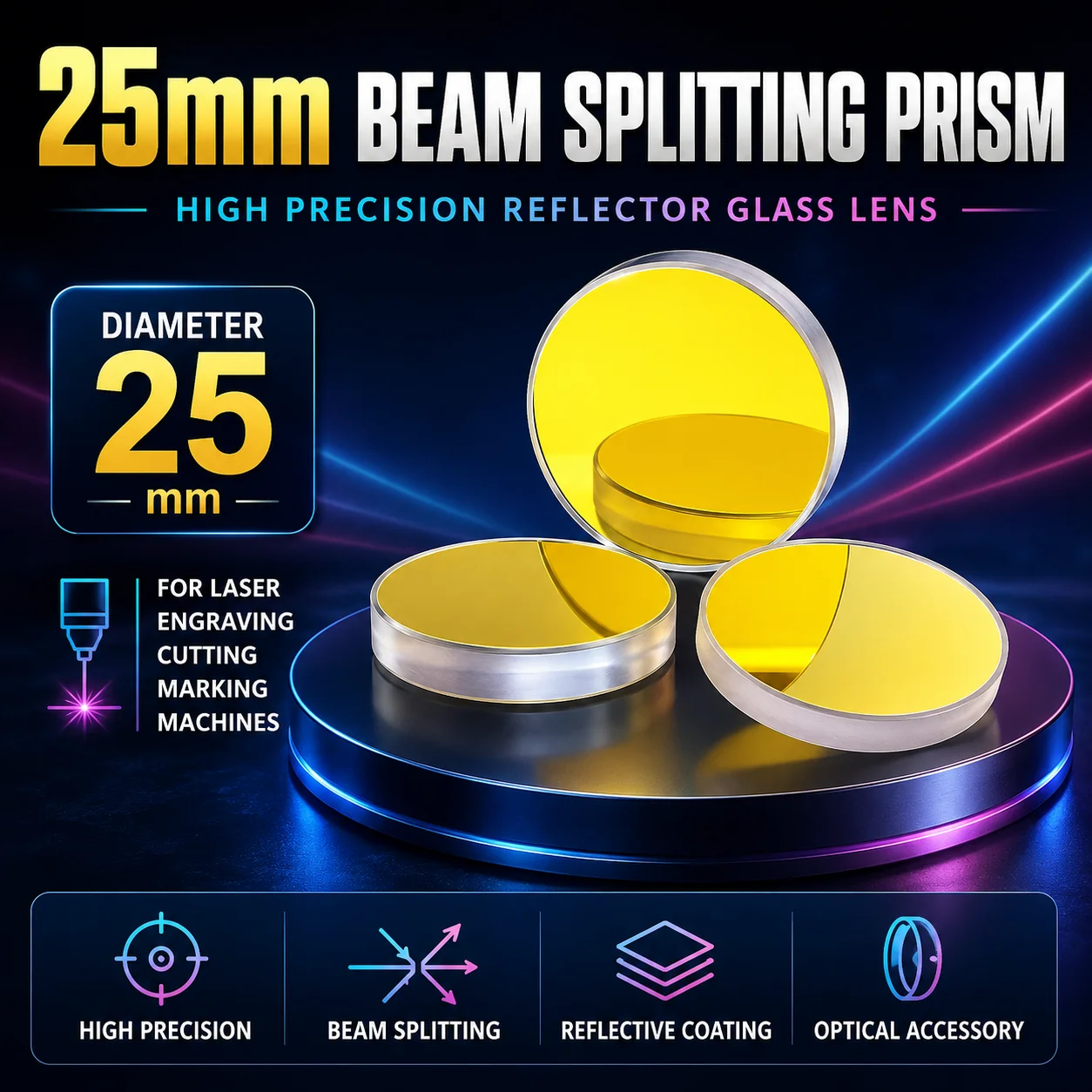 25mm High Precision Beam Splitting Prism Reflector Glass Lens for Laser Engraving Cutting Marking Machines and Optical Systems
