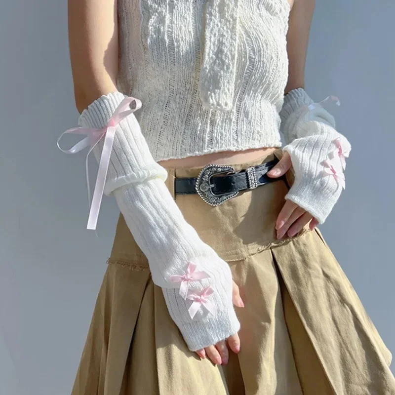 Female Y2K Fashion Arm Warmers Bowknot Soft Knitted Gloves Women Girl Half Finger Mittens Solid Color Thicken Arm Sleeves view 6