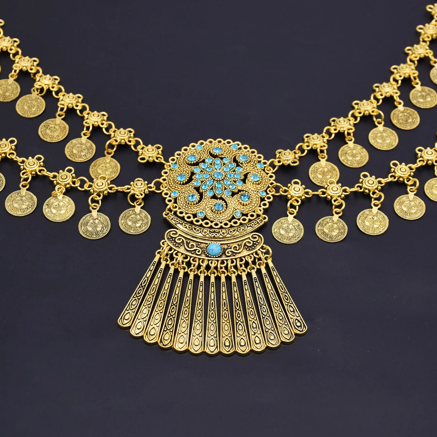 الرجعية طبقة مزدوجة عملات شرابة الرقص الخصر سلسلة شخصية نمط حجر الراين الهندسة الكرندية العرقية القبلية البطن التبعي