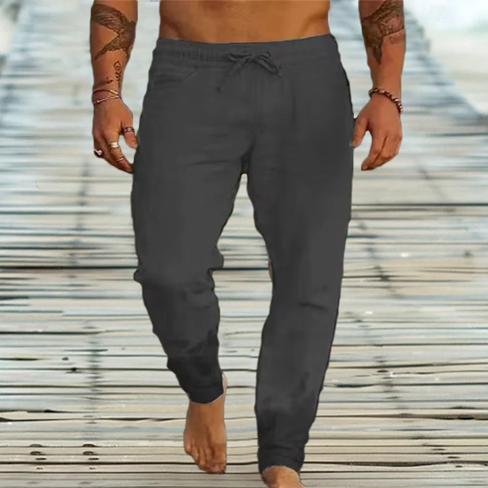 Männer Baumwolle Leinen Casual Jogginghose Strand Hosen Jogger Solide Kordelzug Elastische Taille Hosen Männlichen Urlaub Lose Gerade Hosen – Detail 7