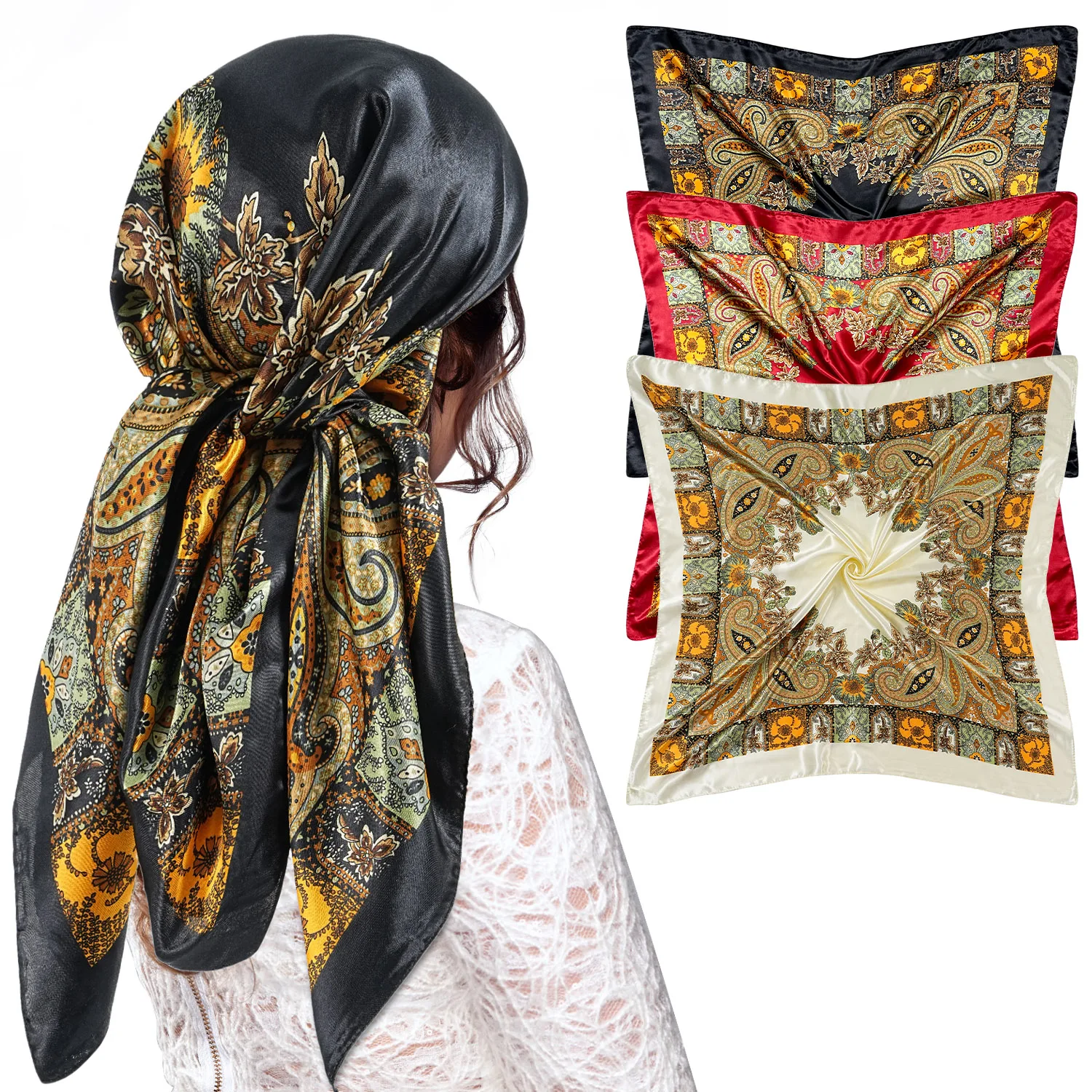 

3 шт. комплект, шелковый шарф, шарф, повязки на голову для женщин, винтажный шарф для волос Four Seasons, 90*90 см, хиджаб, платок, Iuxe, бандана, женские головы