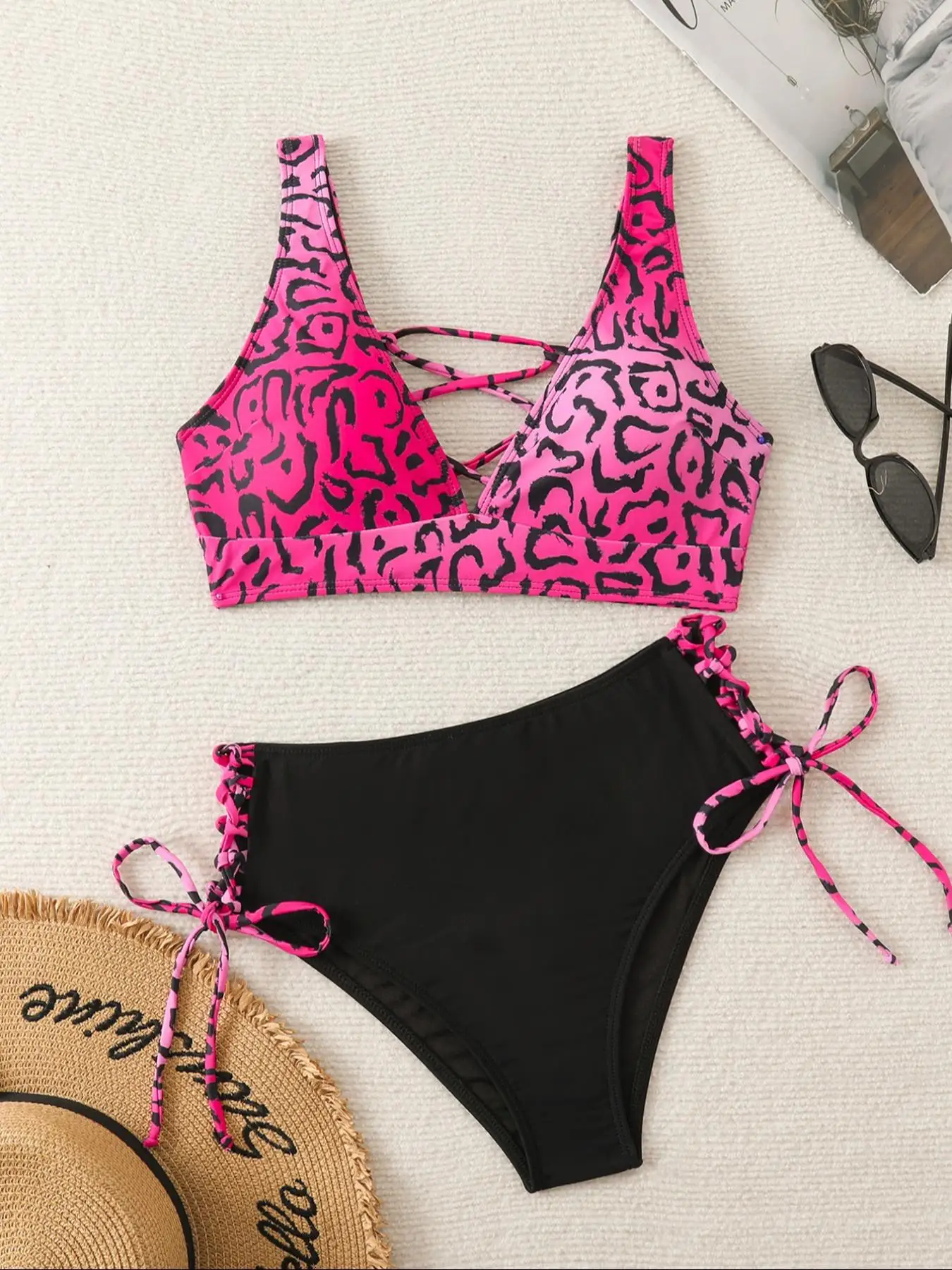 

Sexy Hot Pink Leopard Print Bikini Women Bandage Cross Push Up Drawstring High Waist Swimsuit Beach Bathing Suit Swimwear 2025