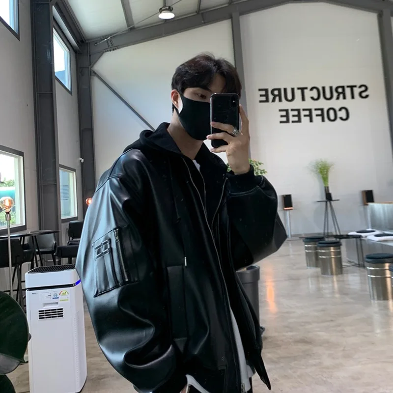 American Style Fake Two Pieces Hoodie Leather Jacket Coats Autumn Winter Fashion Loose Motorcycle Jackets for Men Y2k Streetwear