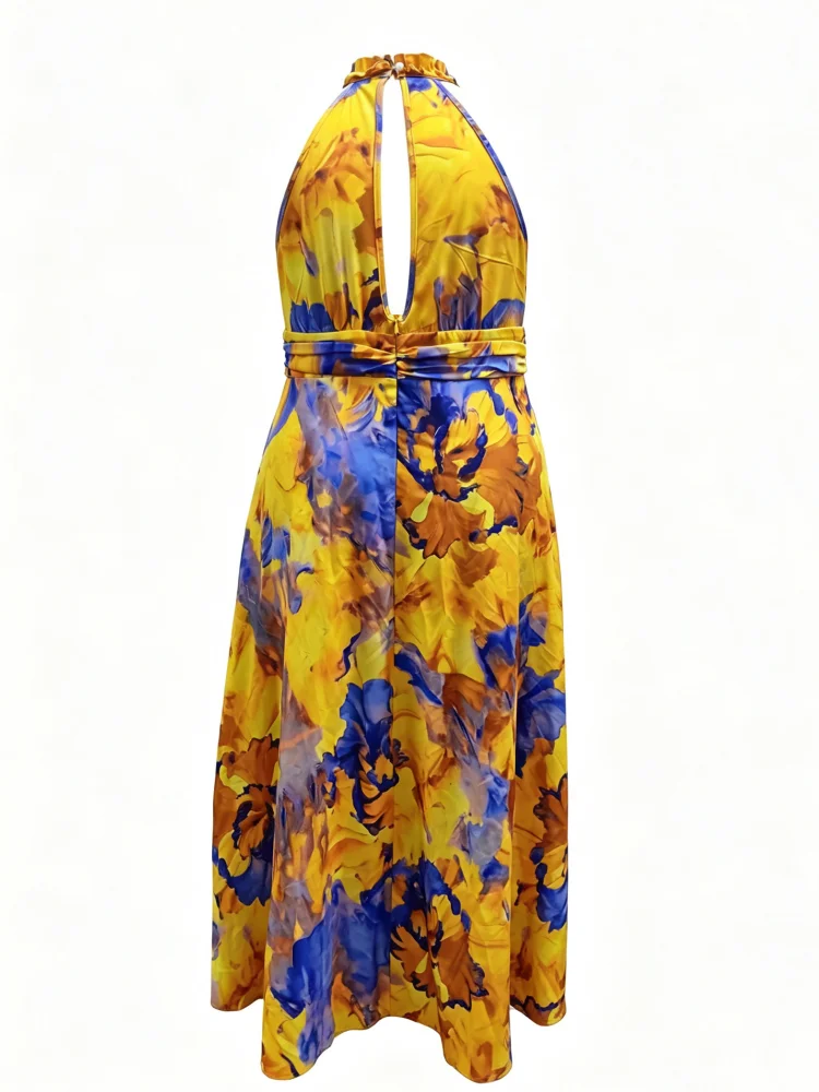 Plus-Size Damenkleid mit Print, schulterfrei, ärmellos, mit plissierter Taille und Schlitz, langes Kleid für Sommer-Strandpartys – Detail 8