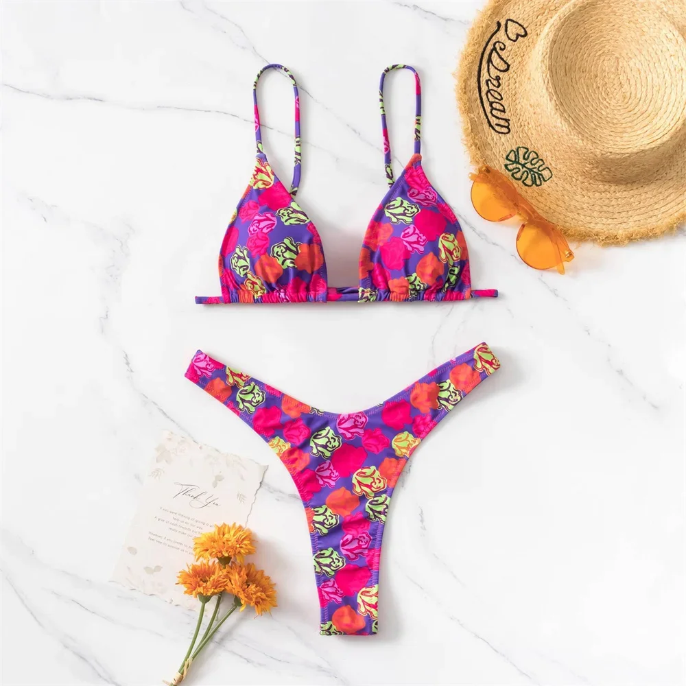 

Бикини с цветочным принтом, стринги, треугольные сексуальные стринги, винтажный купальник Y2K, бразильский летний пляжный женский купальный костюм, бикини