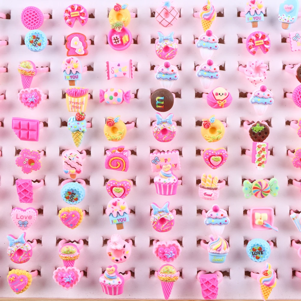 100Pcs/Lot Cute Cartoon Resin Rings For Girls Kids Adjustable Cake Flowers Fruit Jewelry Party Gifts WholeSale