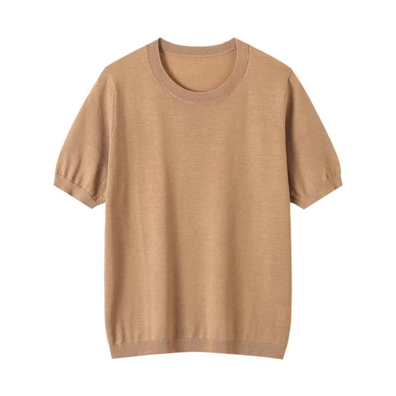 Spring and summer new 100% wool women's round neck short sleeved T-shirt pullover knitted sweater solid color wool half sleeve