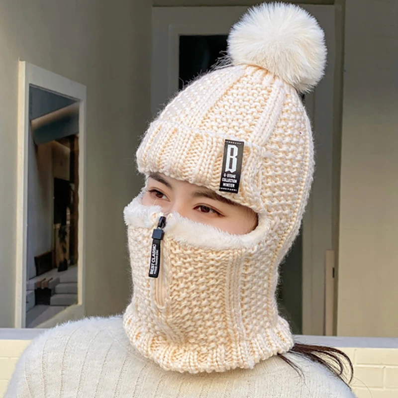 Winter Women's Knitted Caps Plush Pullover Earmuff Bib Cap For Warmth Bonnet Fur Warm Hat