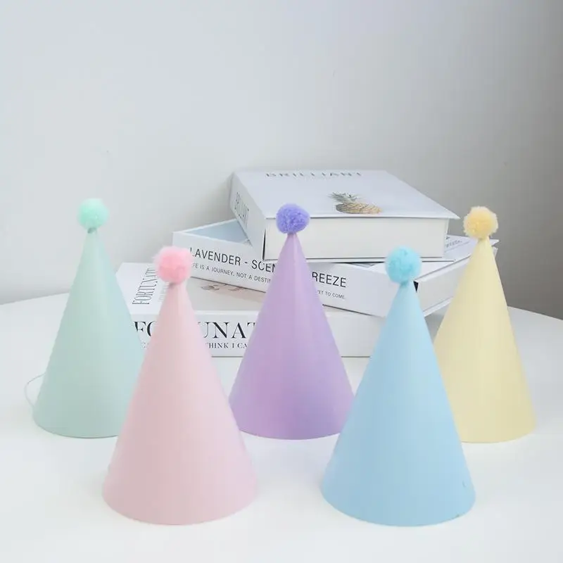 Cone Birthday Party Hats with Cute Pom Poms Tear-resistant Paper Hats 5/12Pcs for Christmas New Year Birthday Party Decorations