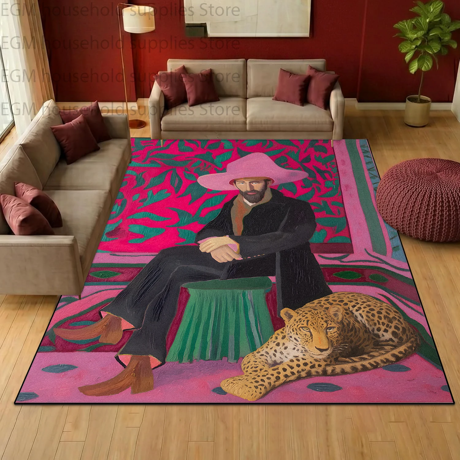 Pink Leopard Figure Floral Oil Painting Short Velvet Large Carpet for Living Room Retro Art Home Decor Rug Non-slip Bedroom Mats