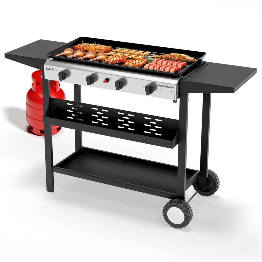 

4 Burner Portable Propane Griddle with Nonstick Enameled Tray, 40000 BTU Rolling Flat Top Gas Grill with Electronic Ignition