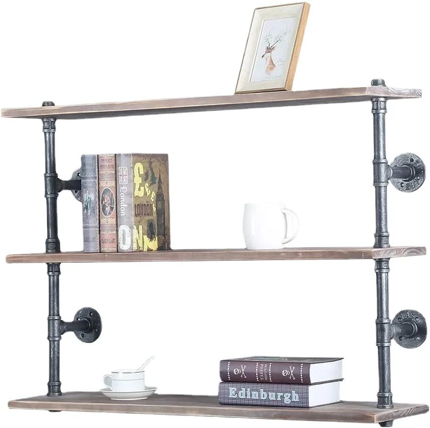 Wall rack 3-layer solid wood bookshelf multi-layer shelf unit bookshelf wrought iron wall rack