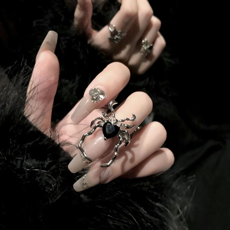 Electroplating Black Heart Spider Web Opening Finger Rings Irregular Halloween Punk Gothic Ring Unisex Party Jewelry Gifts