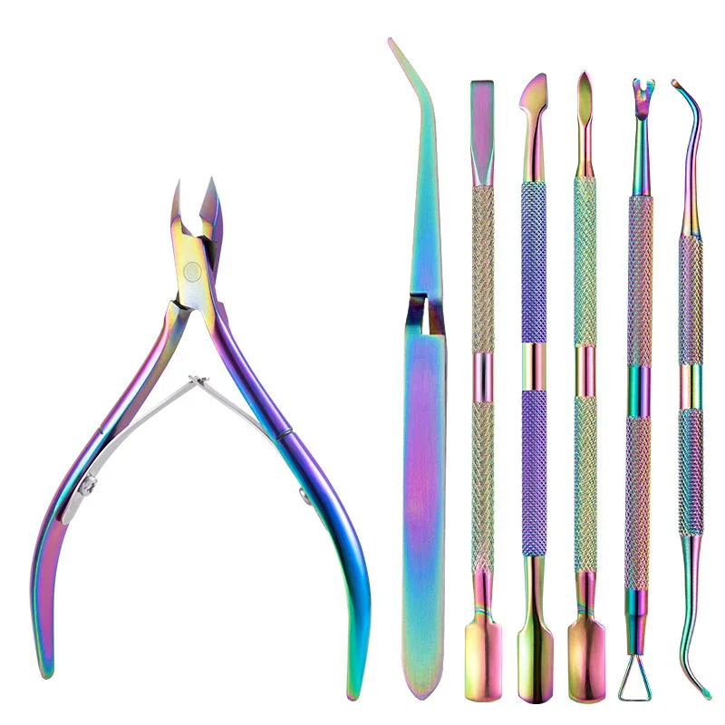 สีสันไทเทเนียมสแตนเลสสตีลเล็บชุดเครื่องมือ Cuticle Pusher ตะไบเล็บ Dead Skin Remover Kit เล็บผลิตภัณฑ์กําจัด
