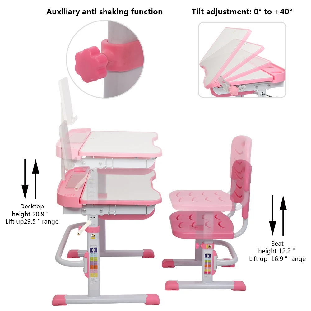 Kids Study Desk&Chair 80CM Hand-Operated Lifting Can Tilt Desktop Children Learning Table with Reading Frame 3 Colors[US-Stock]