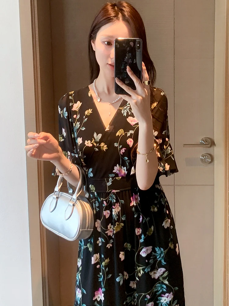 plus Size Women's Dr Slimming Floral Chiffon Summer New Long Skirt V-Ne ort Sve Belly Cover Commute Sle Polyester...