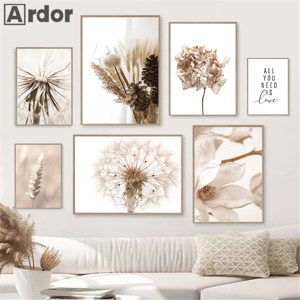 Dried Flower Plant Hay Reed Wall Art Poster Dandelion Canvas Print Horse Painting Beige Posters Nordic Wall Pictures Home Decor