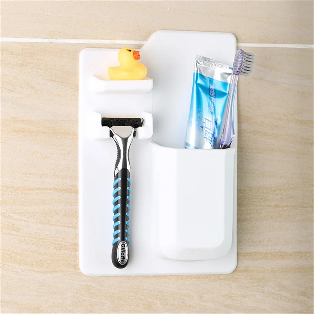 

3 in 1 Silicone Wall-mounted Toothbrush Holder Razor Bathroom Accessories Storage Box Suction Cup No Glue Required 6 Colour