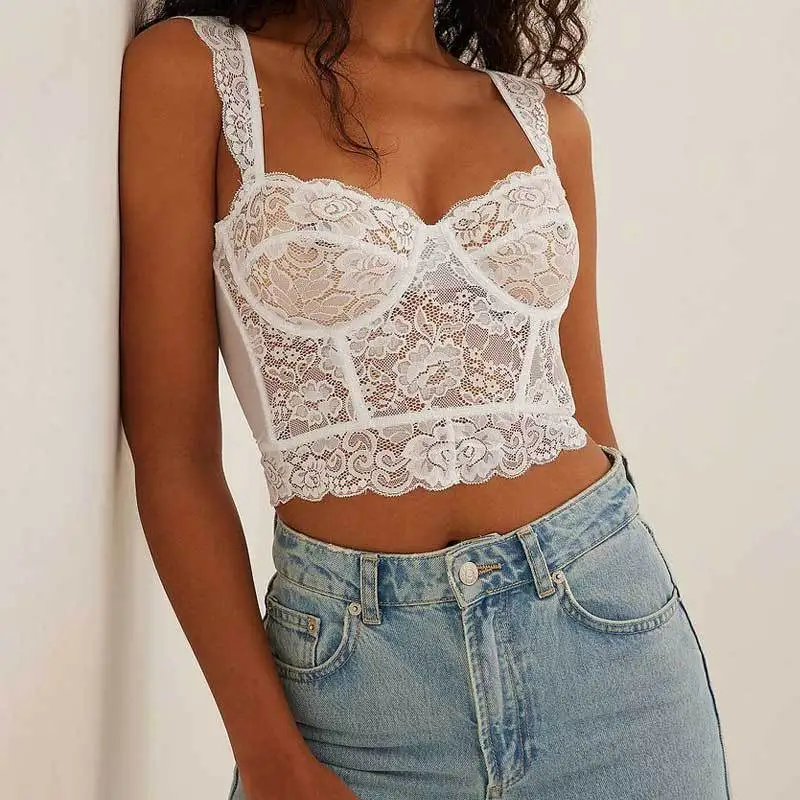 

European and American broadband low-cut steel ring mesh lace corset for outdoor wear fashionable summer sexy suspender top