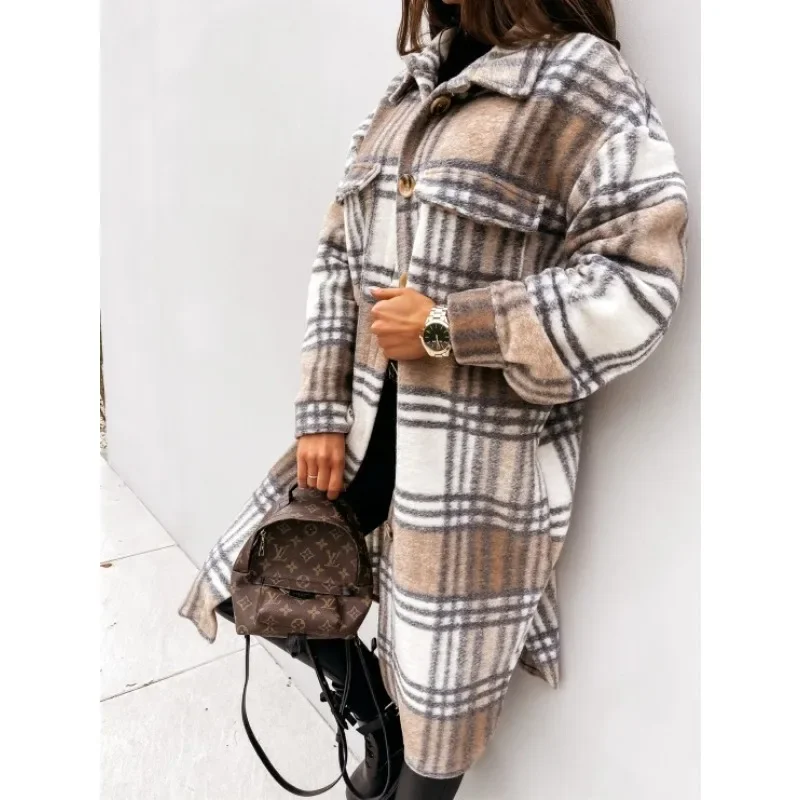 2024 Fashionable Hot selling Casual Fashion Women's New Autumn/Winter Long sleeved Checkered Printed Shirt Coat