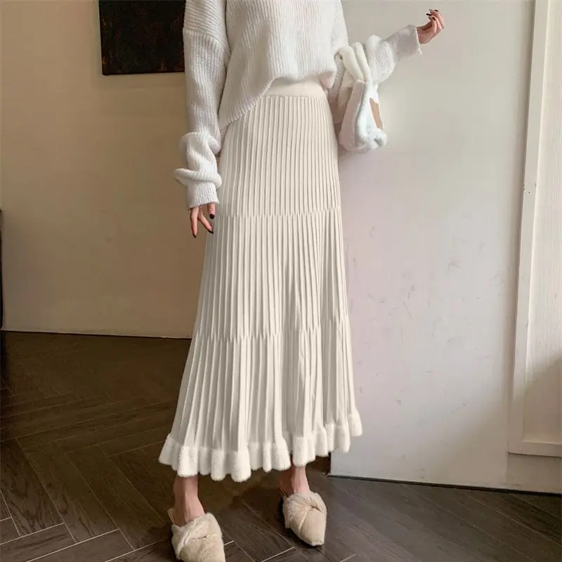 

2024 Autumn Winter Skirt Women Elastic High Waist Knitted Skirt Woman Elegant Solid Color Skirts E1934