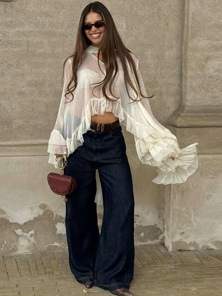 

Whatiwear Ruched Elegant T-Shirts Woman Autumn Trend Sexy See Through Ruffles Flare Sleeve Irregular Hem Y2K Style Elegant Tees