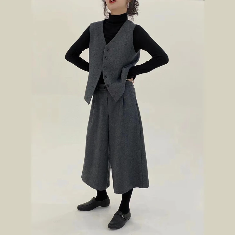 

Faionable Woolen Vest And Wide Leg Pants Set Autumn Winter ey Outfit Two Piece Suit Commute Sle Korean l...