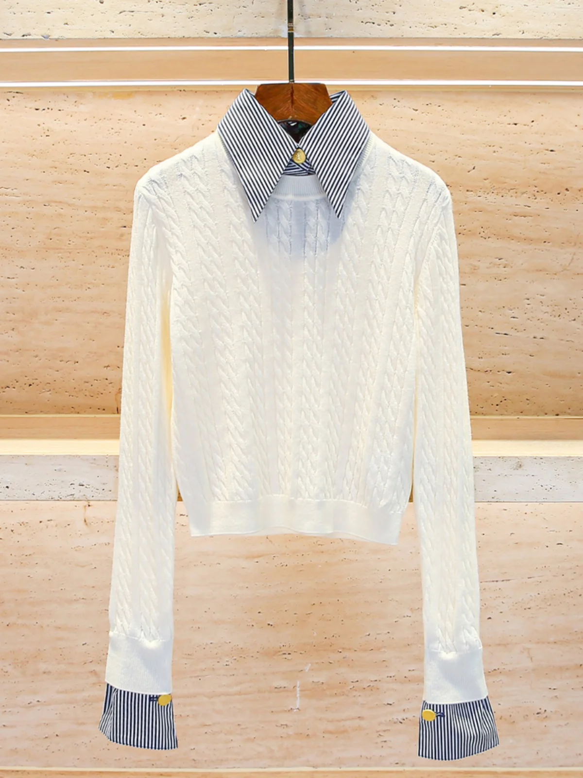 

High-End Women's College Sle Patchwork irt Fake Two-Piece Knitted Sweater Top Simple Commute Sle Regular Fit Long Sve