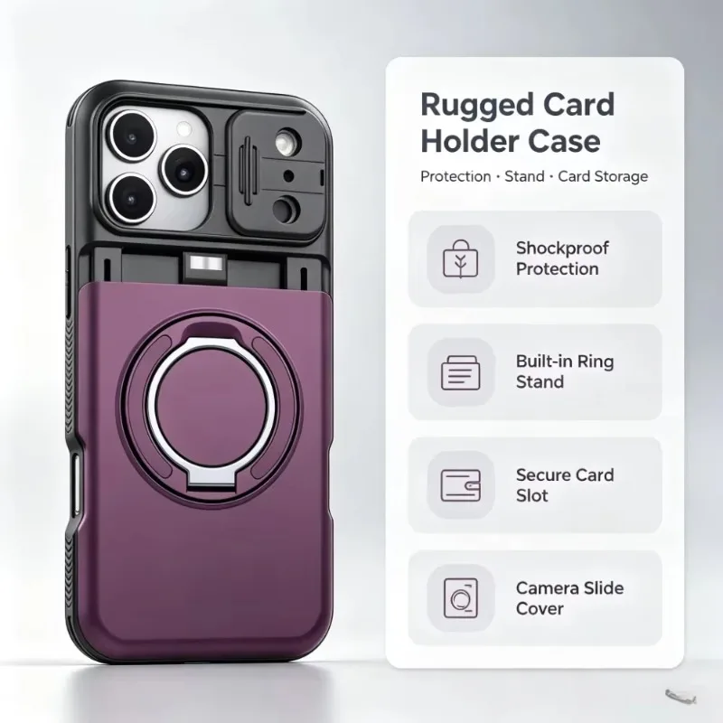 Luxury PC+TPU Armor Shockproof Phone Case for IPhone 18 Pro Max 17 16 15 14 Magnetic Ring Bracket Card Slot Wallet Protect Cover view 4