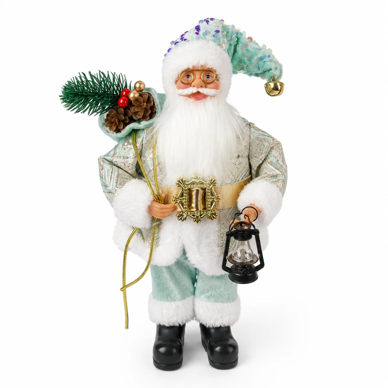 Christmas Santa Claus Figurine 30cm Elegant Blue Santa Statue with LED Lantern Evergreen Pinecone Decoration for Xmas Home Decor