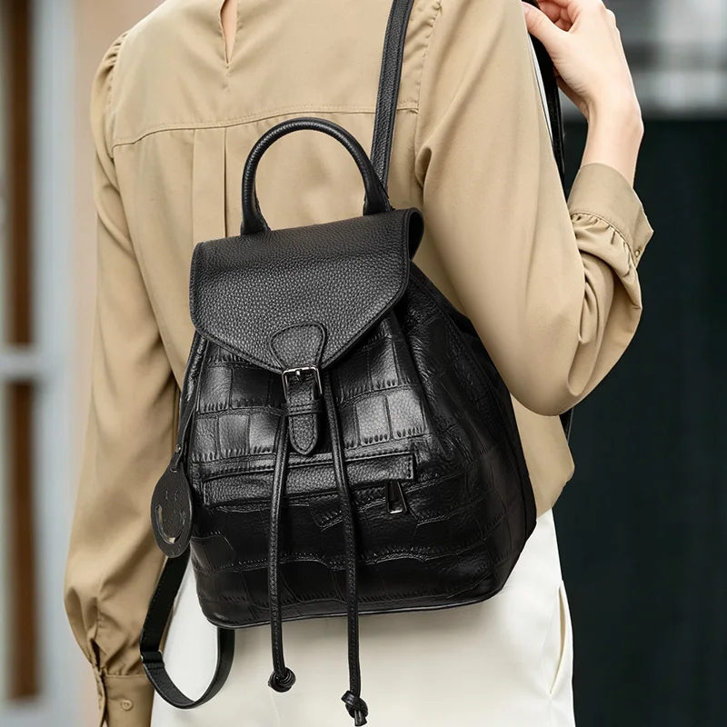 Aidrani Cowhide Leather Crocodile Embossed Backpack -Portable Drawstring Travel Backpack with Hidden Anti-Theft Pocket for Women