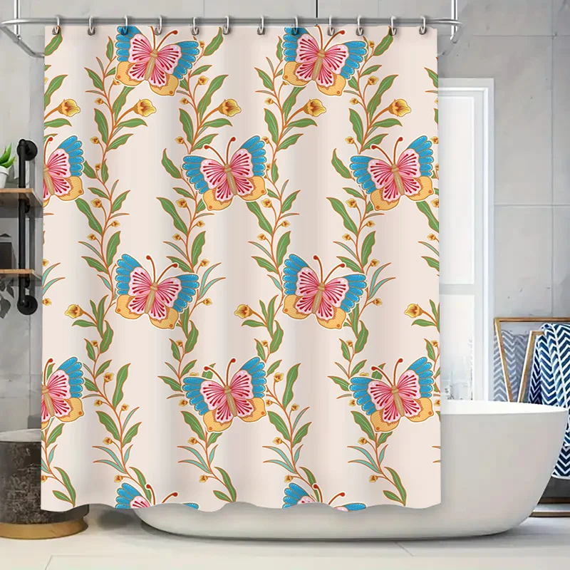 

Stylish Pink Floral Butterfly Print Shower Curtain for Bathroom Decor High Quality Fabric, Size Customizable (Blue Yellow)