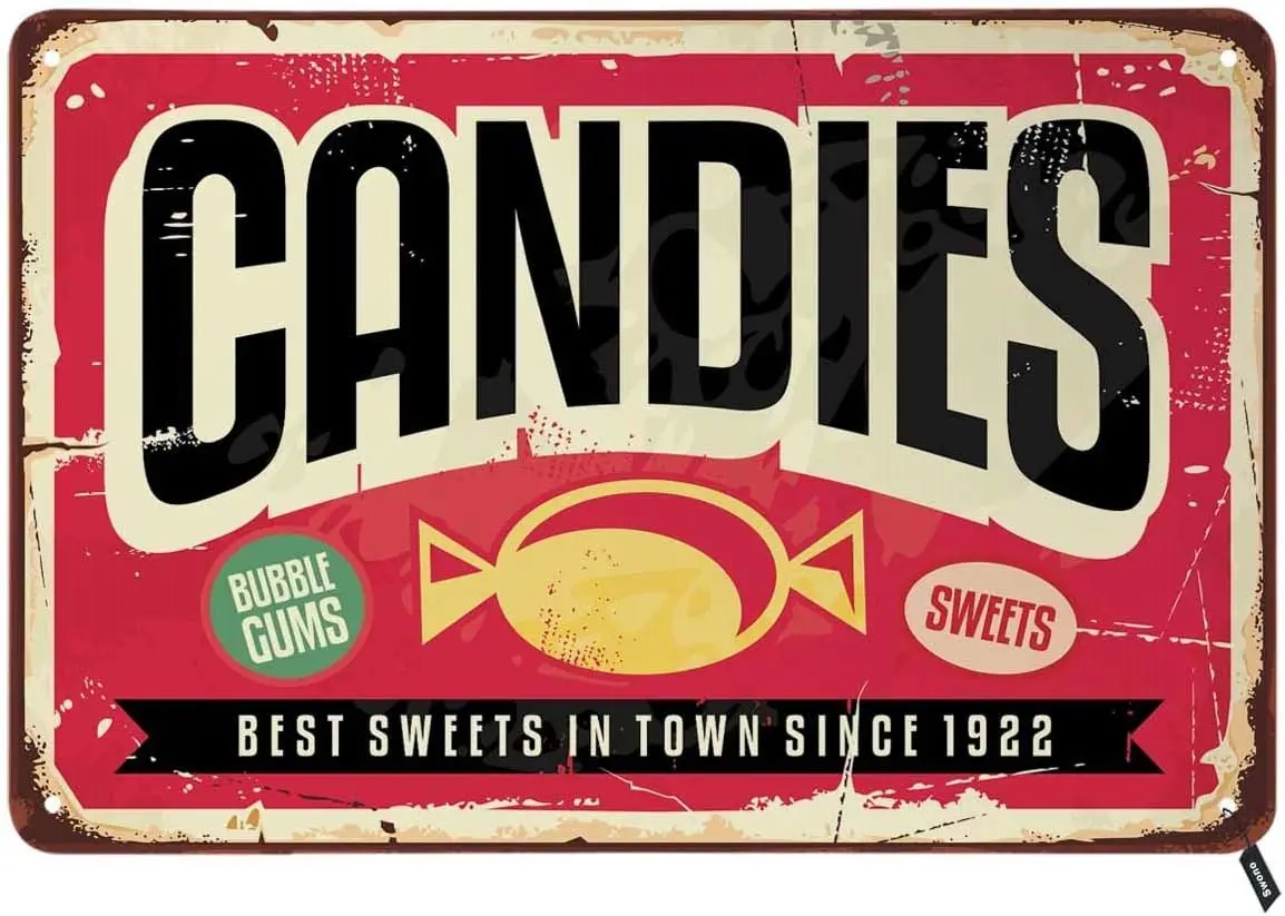 Swono Candies Tin Signs,Sweet Bubble Gums on Red Background Vintage Metal Tin Sign For Men Women,Wall Decor for Bars,Restaurants