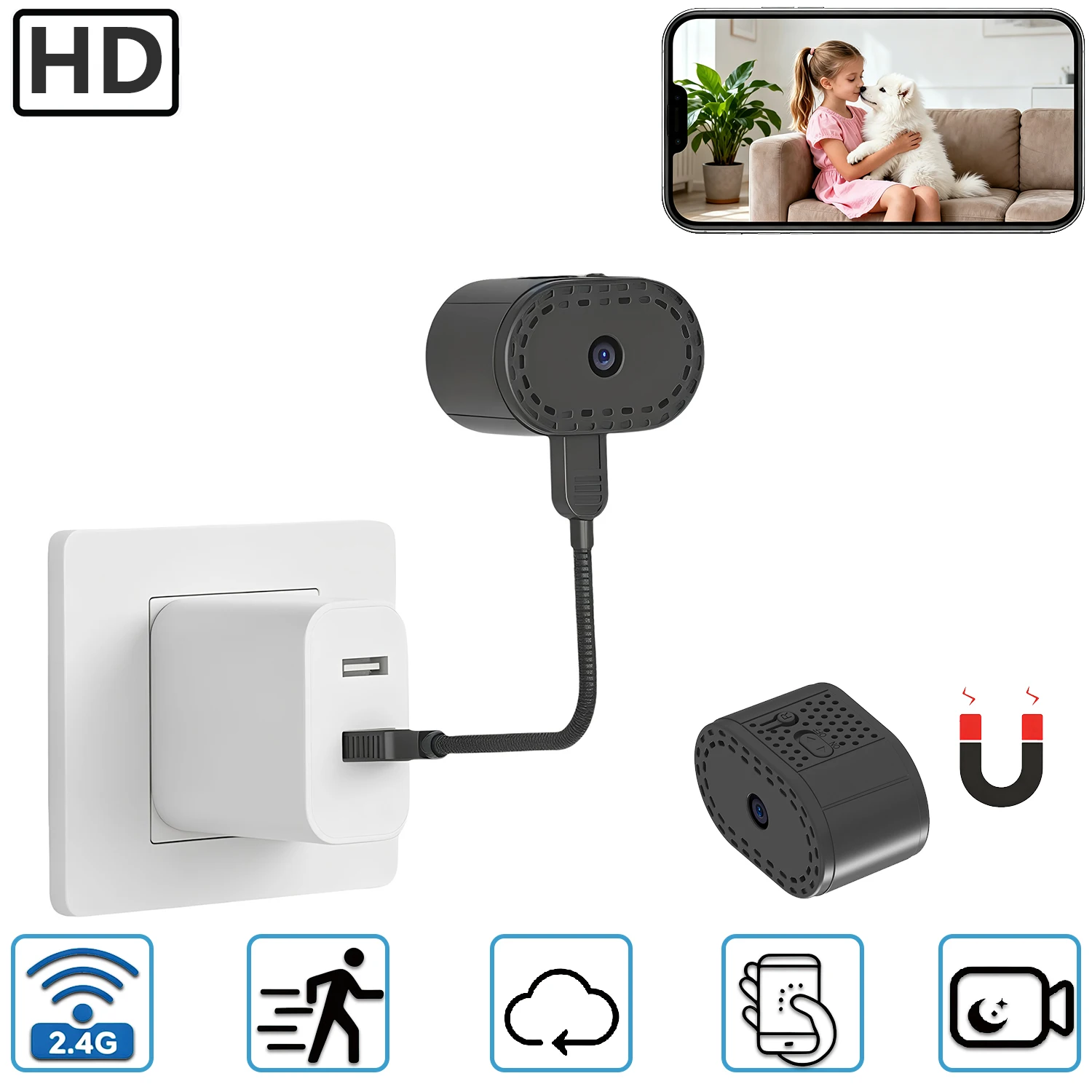 Mini caméra de sécurité WiFi magnétique, montage sans perçage, télécommande HD, détection de mouvement, vision nocturne, alerte par notification, stockage cloud