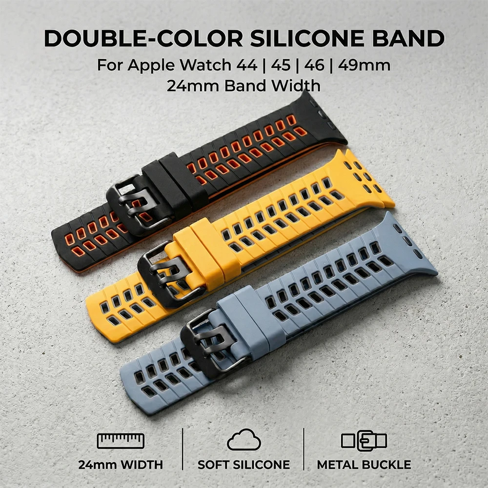 Two-tone Silicone Strap For Apple Watch Ultra 2 3 49mm Wristband For iWatch SE 5 6 7 8 9 10 11 44mm 45mm 46mm Band Bracelet image 3